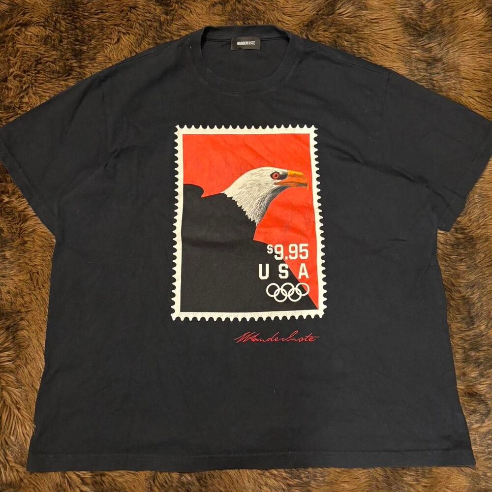 Wanderluste Men’s L Liberation Stamp Tee 1991 stamp w/ bald eagle Olympic rings